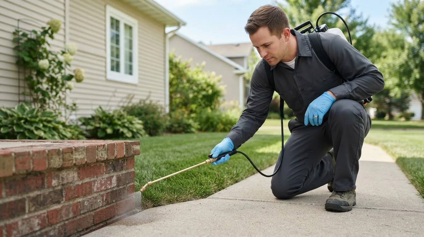 Pest control technician treating a home near North Waterford, ME